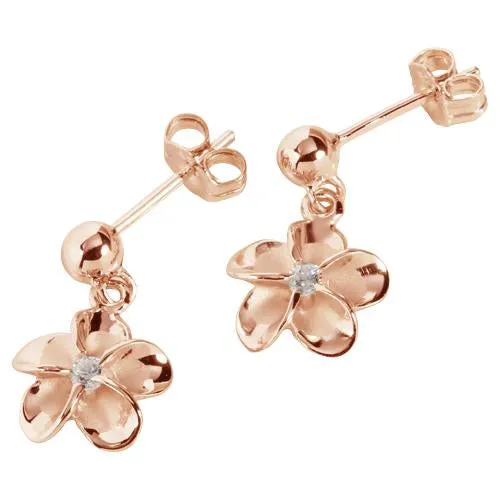 Sterling Silver Pink Gold Plated Bead Drop 10mm Plumeria with CZ Post Earrings