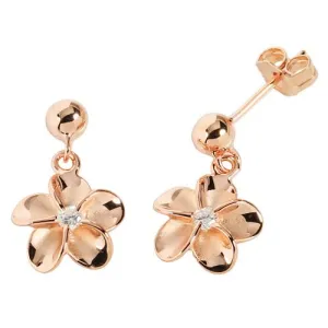 Sterling Silver Pink Gold Plated Bead Drop 10mm Plumeria with CZ Post Earrings