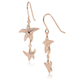 Sterling Silver Pink Gold Plated Double Starfish Pave CZ Hook Earrings