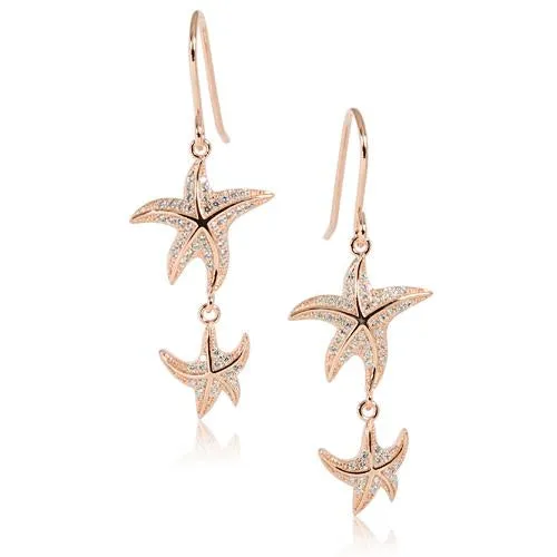 Sterling Silver Pink Gold Plated Double Starfish Pave CZ Hook Earrings