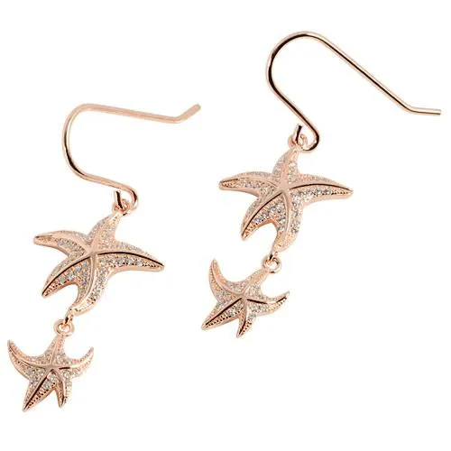 Sterling Silver Pink Gold Plated Double Starfish Pave CZ Hook Earrings
