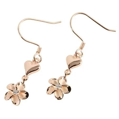 Sterling Silver Pink Gold Plated Heart/Plumeria with CZ Hook Earrings