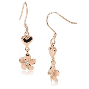 Sterling Silver Pink Gold Plated Heart/Plumeria with CZ Hook Earrings