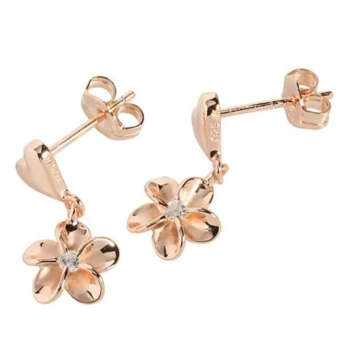 Sterling Silver Pink Gold Plated Heart/Plumeria with CZ Post Earrings