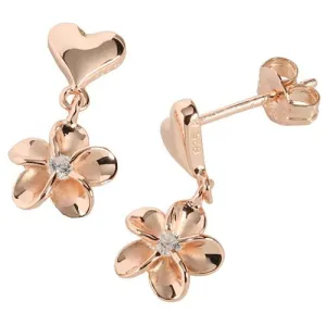 Sterling Silver Pink Gold Plated Heart/Plumeria with CZ Post Earrings