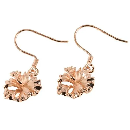 Sterling Silver Pink Gold Plated Hibiscus Hook Earrings (12mm/15mm)