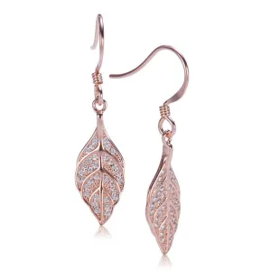 Sterling Silver Pink Gold Plated Maile Leaf Pave CZ Hook Earrings