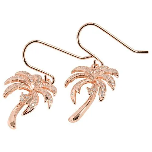 Sterling Silver Pink Gold Plated Palm Tree Pave CZ Hook Earrings