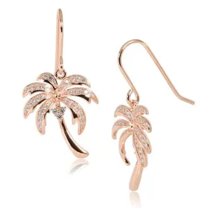 Sterling Silver Pink Gold Plated Palm Tree Pave CZ Hook Earrings