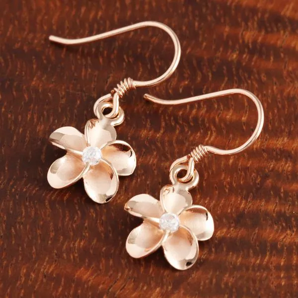 Sterling Silver Pink Gold Plated Plumeria with CZ Hook Earrings (10mm/15mm)