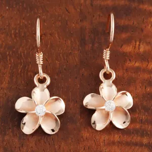 Sterling Silver Pink Gold Plated Plumeria with CZ Hook Earrings (10mm/15mm)