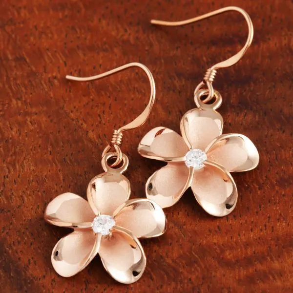 Sterling Silver Pink Gold Plated Plumeria with CZ Hook Earrings (10mm/15mm)
