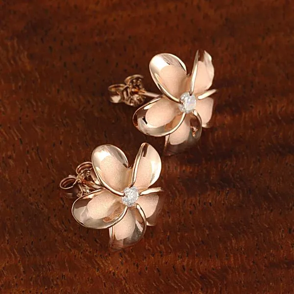 Sterling Silver Pink Gold Plated Plumeria with CZ Post Earrings (8-18mm)