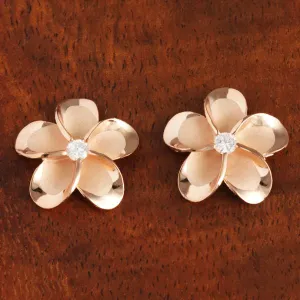 Sterling Silver Pink Gold Plated Plumeria with CZ Post Earrings (8-18mm)