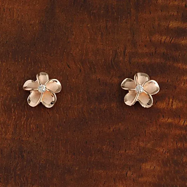 Sterling Silver Pink Gold Plated Plumeria with CZ Post Earrings (8-18mm)