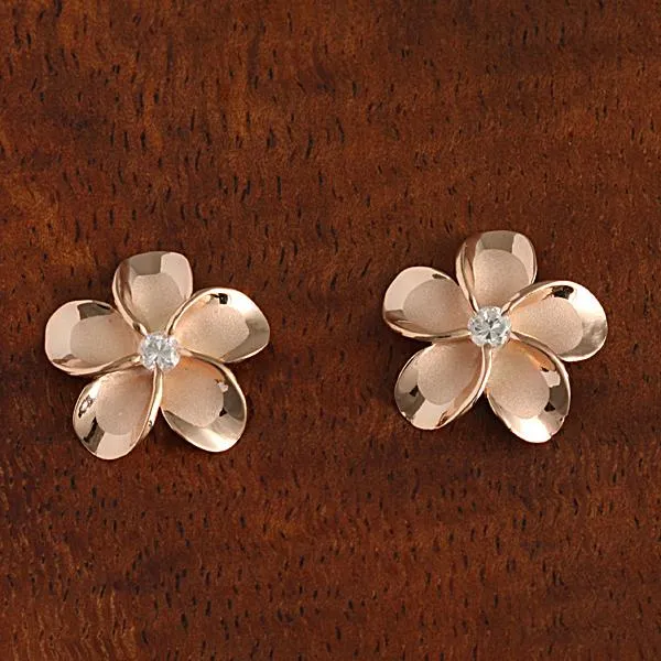 Sterling Silver Pink Gold Plated Plumeria with CZ Post Earrings (8-18mm)