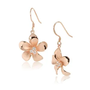 Sterling Silver Pink Gold Plated Plumeria with Three CZ Prong Hook Earrings (18mm/20mm)