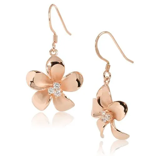 Sterling Silver Pink Gold Plated Plumeria with Three CZ Prong Hook Earrings (18mm/20mm)