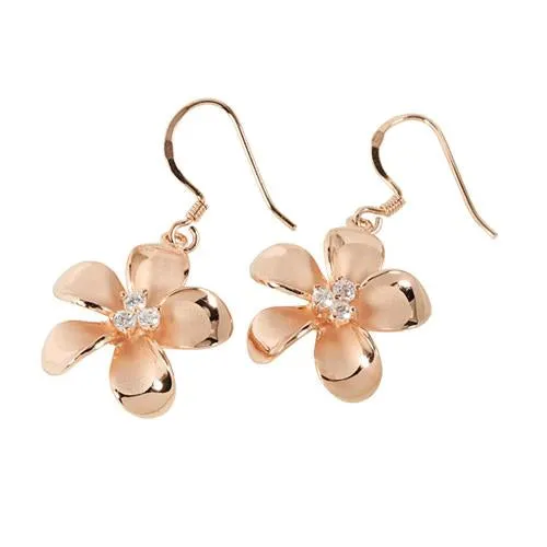 Sterling Silver Pink Gold Plated Plumeria with Three CZ Prong Hook Earrings (18mm/20mm)