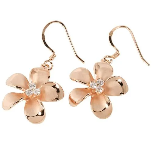 Sterling Silver Pink Gold Plated Plumeria with Three CZ Prong Hook Earrings (18mm/20mm)
