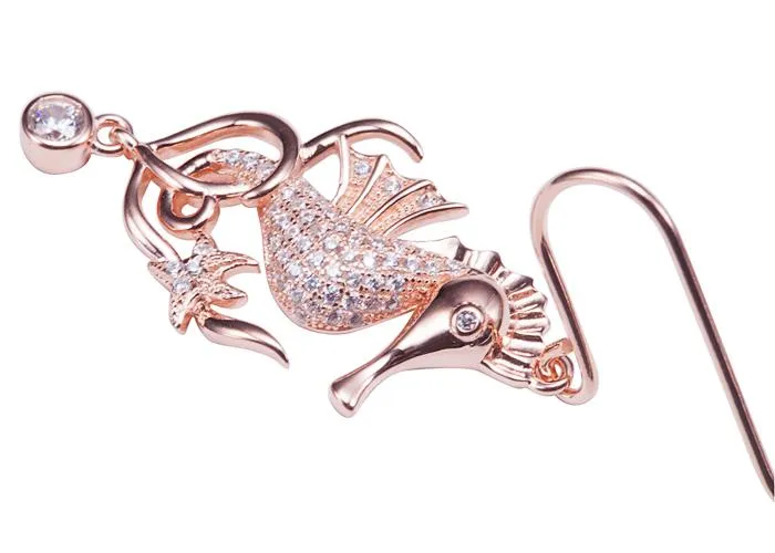 Sterling Silver Pink Gold Plated Seahorse Pave CZ Hook Earrings
