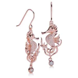 Sterling Silver Pink Gold Plated Seahorse Pave CZ Hook Earrings
