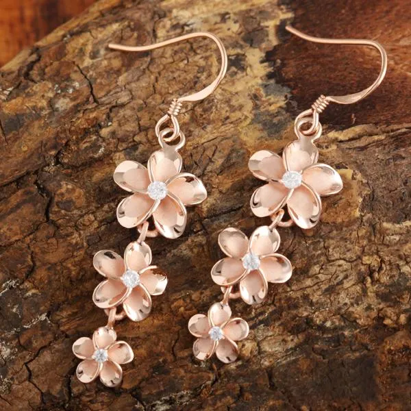 Sterling Silver Pink Gold Rhodium Plated 12-10-8mm Plumeria with CZ Hook Earrings