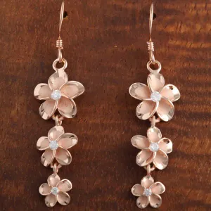 Sterling Silver Pink Gold Rhodium Plated 12-10-8mm Plumeria with CZ Hook Earrings