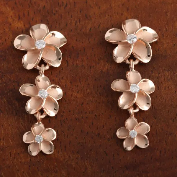 Sterling Silver Pink Gold Rhodium Plated 12-10-8mm Plumeria with CZ Post Earrings