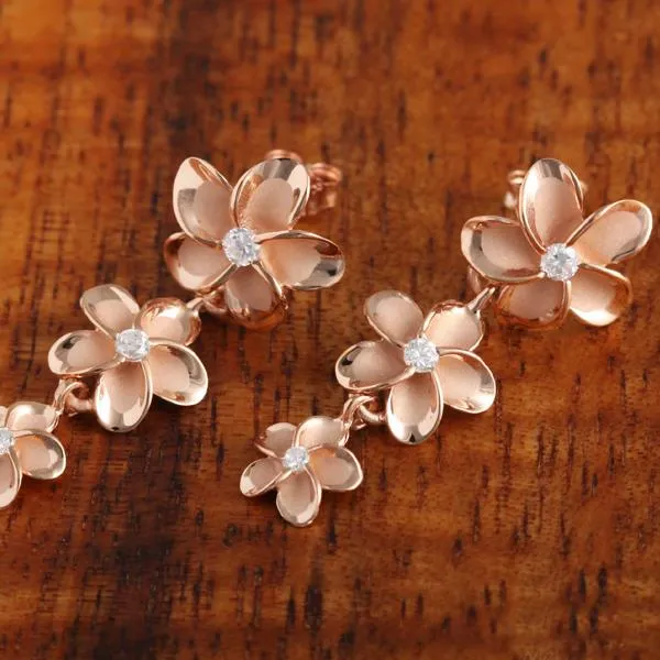 Sterling Silver Pink Gold Rhodium Plated 12-10-8mm Plumeria with CZ Post Earrings