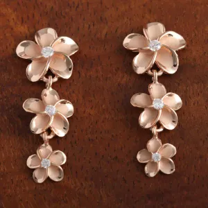 Sterling Silver Pink Gold Rhodium Plated 12-10-8mm Plumeria with CZ Post Earrings