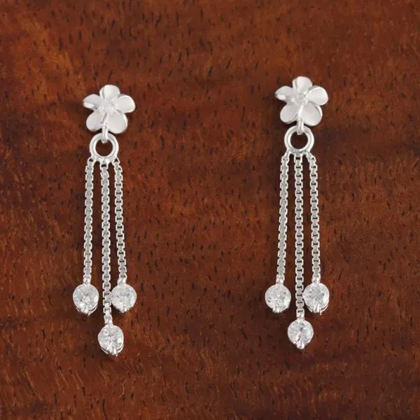 Sterling Silver Plumeria and Box Chain Three CZ Post Earrings
