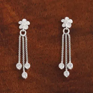 Sterling Silver Plumeria and Box Chain Three CZ Post Earrings