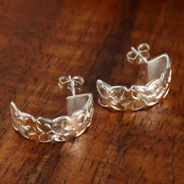 Sterling Silver Plumeria Half Moon Earrings 8mm