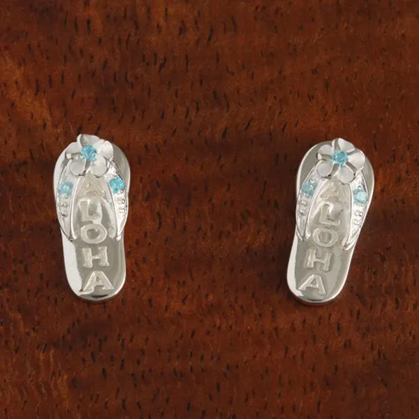 Sterling Silver Plumeria with Blue CZ ALOHA Slipper Post Earrings
