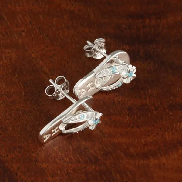 Sterling Silver Plumeria with Blue CZ ALOHA Slipper Post Earrings