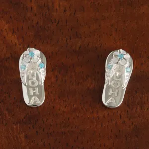 Sterling Silver Plumeria with Blue CZ ALOHA Slipper Post Earrings
