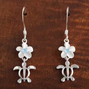 Sterling Silver Plumeria with Blue CZ and Honu (Hawaiian Turtle) Hook Earrings (M/L)