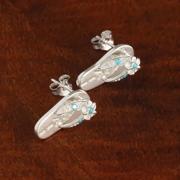 Sterling Silver Plumeria with Blue CZ HAWAII Slipper Post Earrings