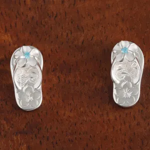 Sterling Silver Plumeria with Blue CZ Hawaiian Scroll Slipper Post Earrings