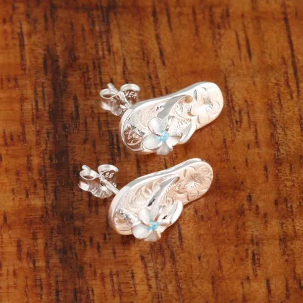 Sterling Silver Plumeria with Blue CZ Hawaiian Scroll Slipper Post Earrings