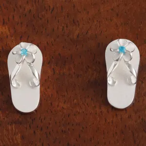 Sterling Silver Plumeria with Blue CZ Sandblast Finish Slipper Post Earrings