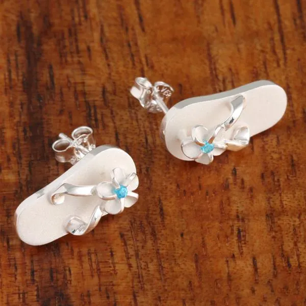 Sterling Silver Plumeria with Blue CZ Sandblast Finish Slipper Post Earrings