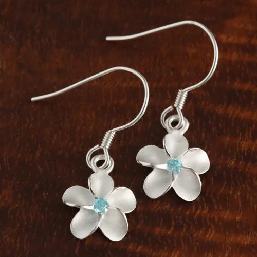 Sterling Silver Plumeria with Blue CZ Sandblast Hook Earrings (8-18mm)