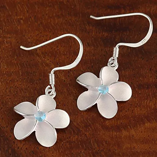 Sterling Silver Plumeria with Blue CZ Sandblast Hook Earrings (8-18mm)