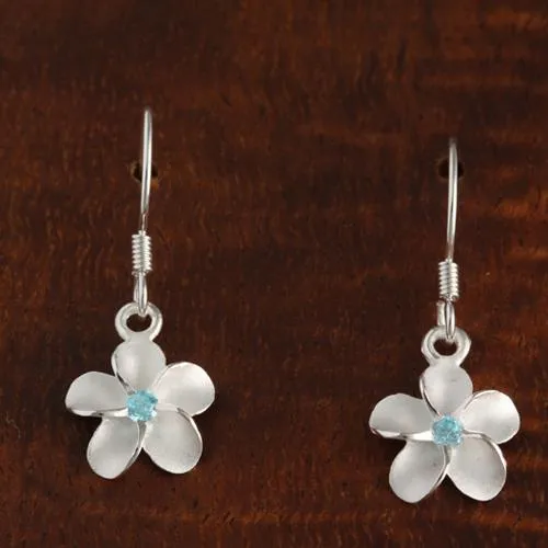 Sterling Silver Plumeria with Blue CZ Sandblast Hook Earrings (8-18mm)