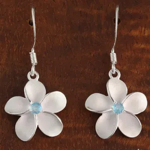 Sterling Silver Plumeria with Blue CZ Sandblast Hook Earrings (8-18mm)