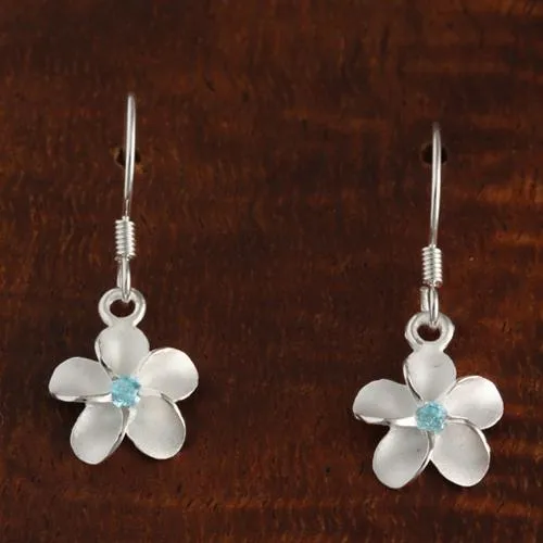 Sterling Silver Plumeria with Blue CZ Sandblast Hook Earrings (8-18mm)