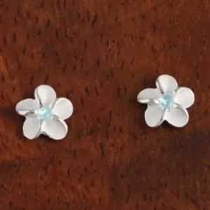 Sterling Silver Plumeria with Blue CZ Sandblast Post Earrings (6-15mm)