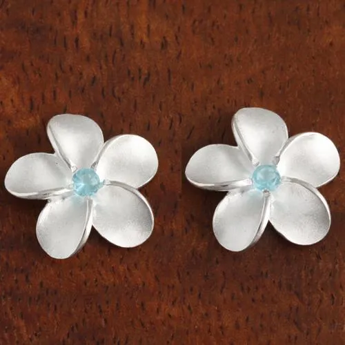 Sterling Silver Plumeria with Blue CZ Sandblast Post Earrings (6-15mm)